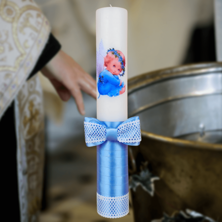 Trusouri si Lumânări decorate Botez - Lumanare botez decorata Ingeras albastru deschis