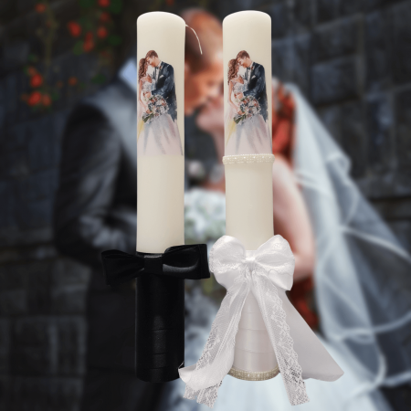 Accesorii și Lumânări decorate Nuntă - Set 2 Lumanari nunta decorate cu alb negru W7