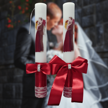 Accesorii și Lumânări decorate Nuntă - Set 2 Lumanari nunta decorate cu bordo W5