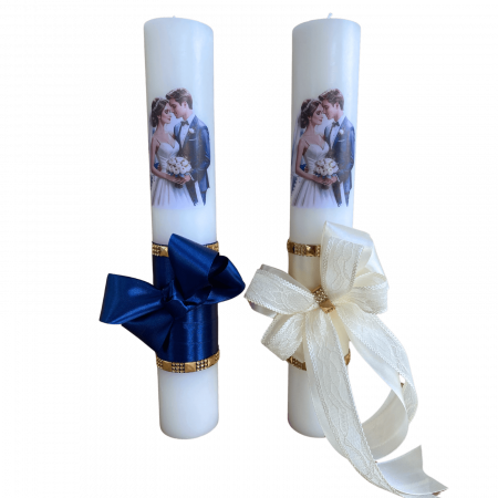 Set 2 Lumanari nunta decorate cu albastru si ivory W26 [2]