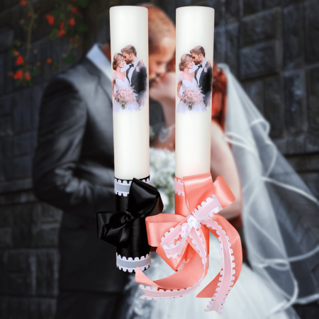 Accesorii și Lumânări decorate Nuntă - Set 2 Lumanari nunta decorate cu roz si negru W11