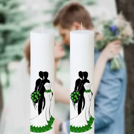 Lumânări Nuntă simple - Set 2 Lumanari Nunta Mire si Mireasa alb verde