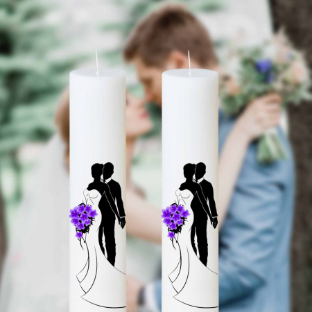 Lumânări Nuntă simple - Set 2 Lumanari Nunta Mire si Mireasa cu buchet mov