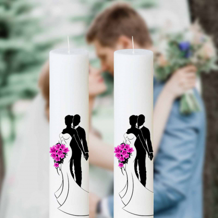 Lumânări Nuntă simple - Set 2 Lumanari Nunta Mire si Mireasa cu buchet roz