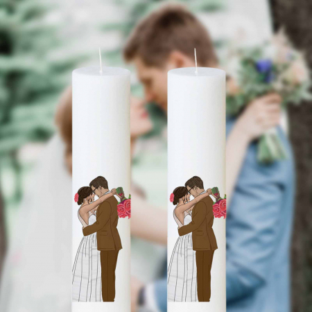 Lumânări Nuntă simple - Set 2 Lumanari Nunta Miri Imbratisati Zambind cu rosu