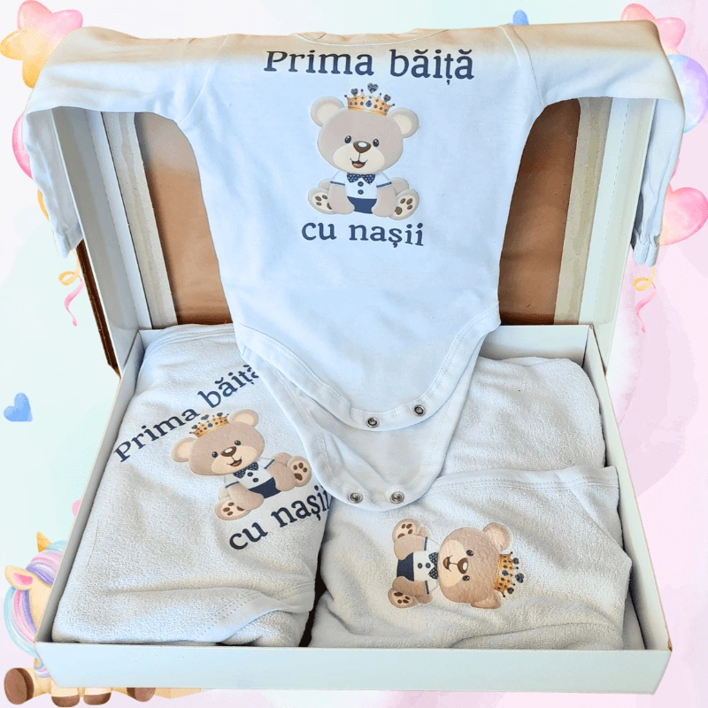 Trusouri si Lumânări decorate Botez - Set Prima Baie de la Nași Imprimat Ursulet albastru