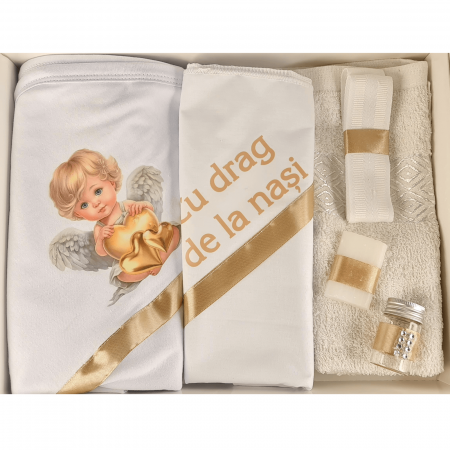 Trusouri si Lumânări decorate Botez - Trusou pentru botez imprimat cu Ingeras cu inimioare aurii
