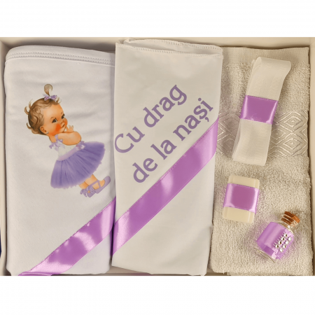 Trusouri si Lumânări decorate Botez - Trusou pentru botez imprimat cu Printesa Mov