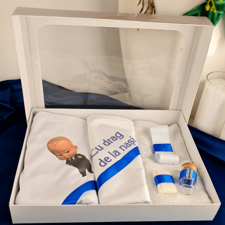 Trusouri si Lumânări decorate Botez - Trusou pentru botez imprimat cu Bebe Boss albastru