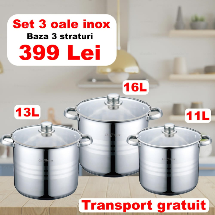 Set 3 oale otel inoxidabil Cheffinger 11L, 13L, 16L, fund 3 straturi [1]