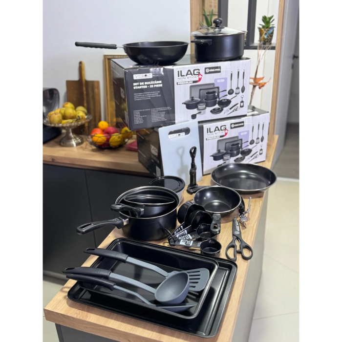 Set Bucatarie Complet, 22 Piese cu Oale, Tigai, Wok, Tavi si Accesorii pentru Gatit, Negru [3]