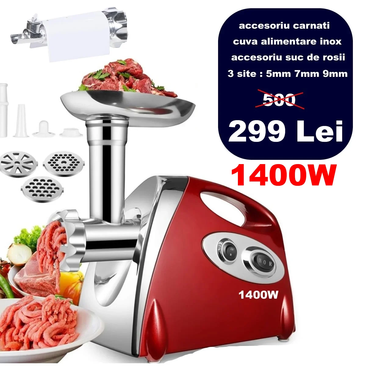 Bucatarie - Masina electrica de tocat carne 1400W, 3 site, accesoriu carnati + suc de rosii