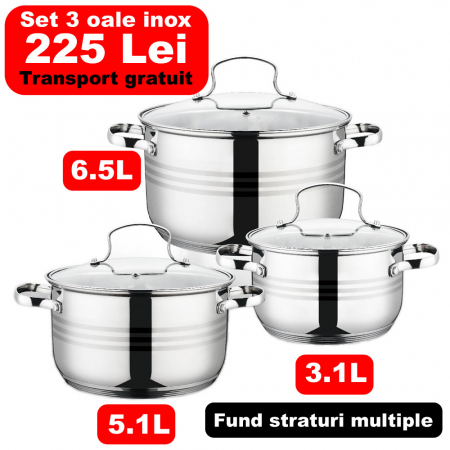 Bucatarie - Set 3 oale inox cu capace din sticla, compatibile cu plita inductie
