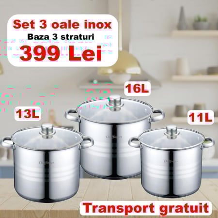 Casa si gradina - Set 3 oale otel inoxidabil Cheffinger 11L, 13L, 16L, fund 3 straturi