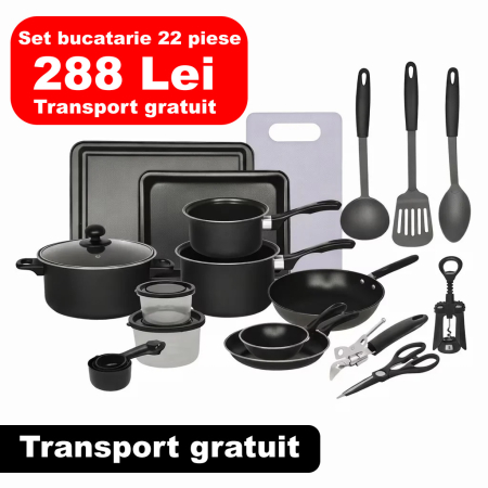 Casa si gradina - Set Bucatarie Complet, 22 Piese cu Oale, Tigai, Wok, Tavi si Accesorii pentru Gatit, Negru