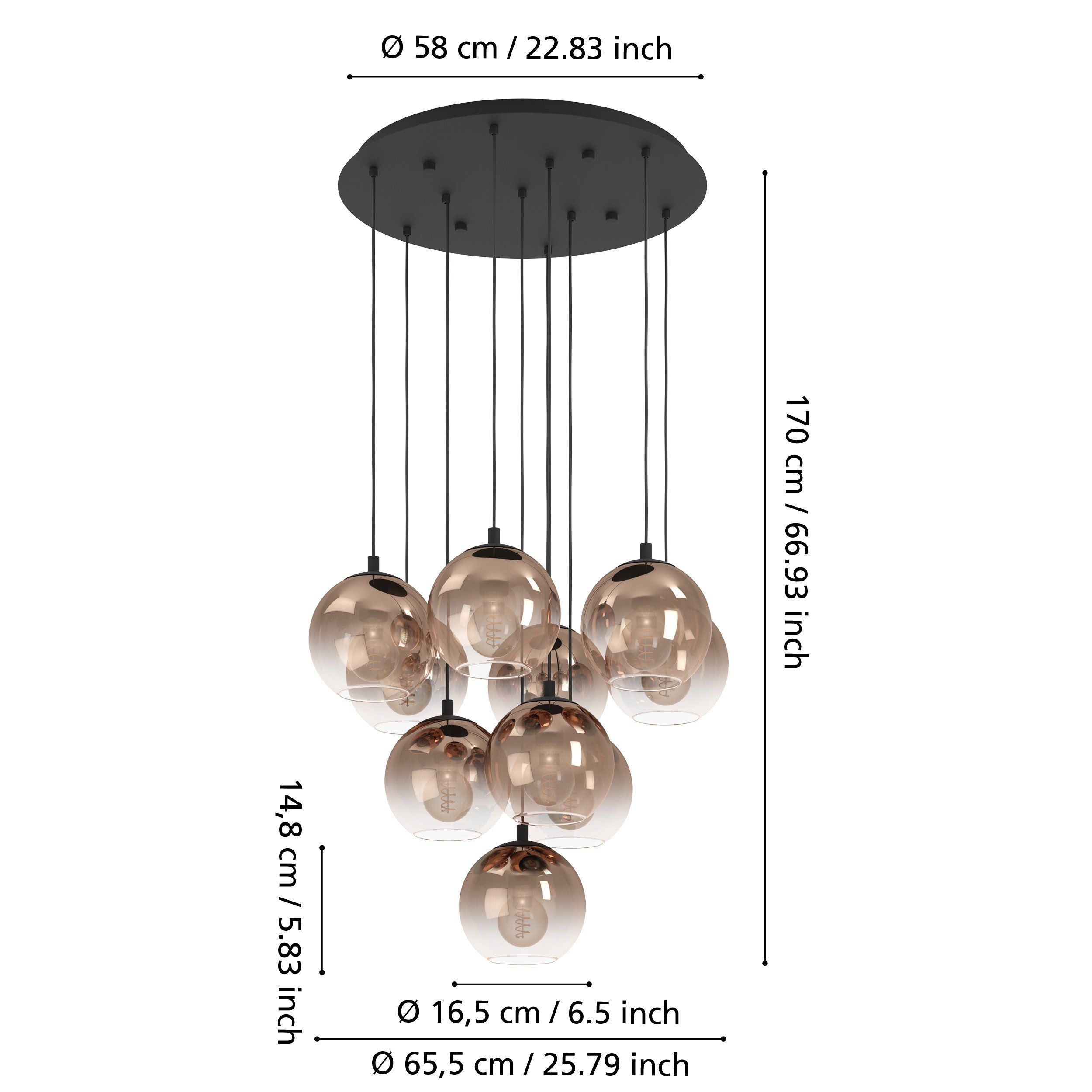 Pendul EGLO Ariscani 1 901926 E27 10X60W 220-240V,50/60Hz H 1100mm x Ø645mm otel negru sticla vaporizata alama IP20 [5]