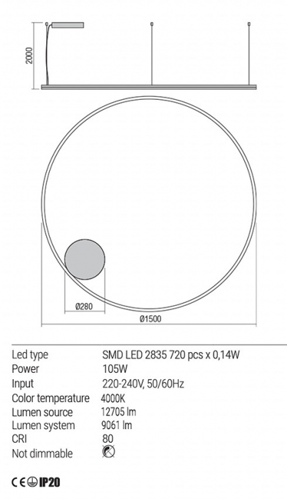 01-1965 Suspensie REDO ORBIT LED 105W 9061lm 4000K IP20 Aluminiu Sand Black CRI 80 Dimabil TRIAC [2]