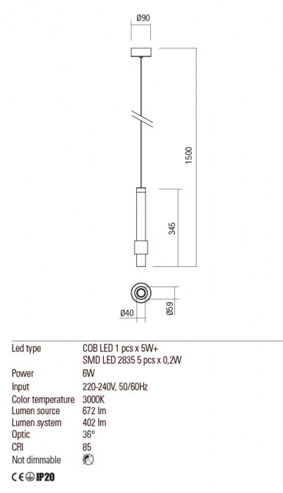 01-1992 Suspensie REDO TYCON LED 6W 402lm 3000K IP20 Aluminiu Sand White CRI 90 [2]