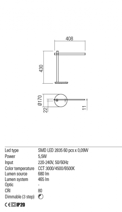 01-2212  Veioza  REDO OMEO, MAT WHITE, LED, 5,5W, 680 lm,3000K/4500K/6500K, 3 STEP DIMMING, IP20 [3]