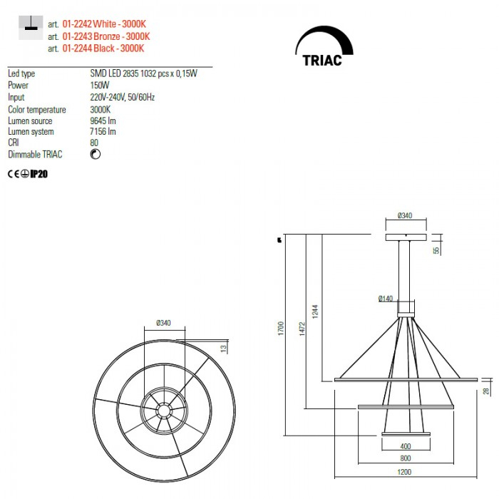 01-2243 Suspensie REDO ORBIT LED 151W 11298lm 3000K IP20 Aluminiu Bronze CRI 80 Dimabil TRIAC [2]