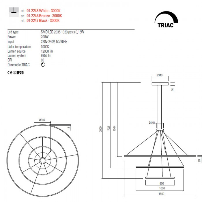 01-2246 Suspensie REDO ORBIT LED 186W 13988lm 3000K IP22 Aluminiu Bronze CRI 80 Dimabil TRIAC [2]