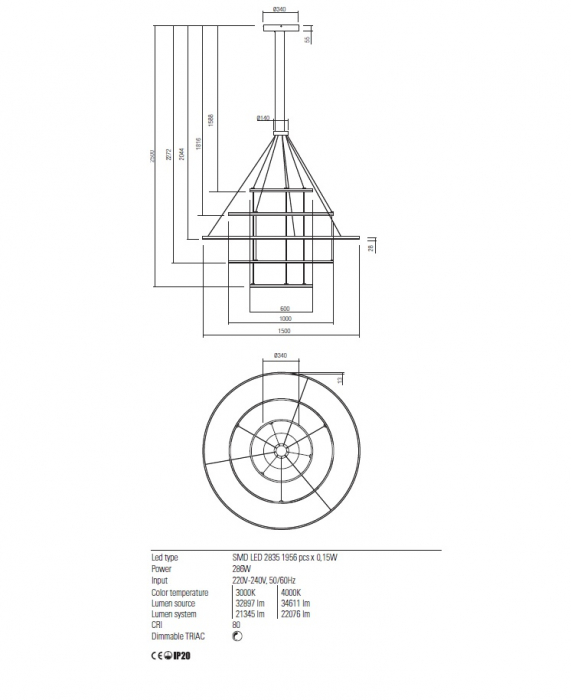01-2488 Suspensie REDO ORBIT LED 286W 21345lm 4000K IP20 Aluminiu Bronze CRI 80 Dimabil TRIAC [2]