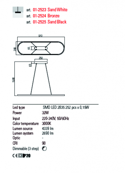 01-2523 Suspensie REDO LAP LED 32W 2690lm 3000K IP20 Aluminiu Sand White CRI90 DIMABIL [2]