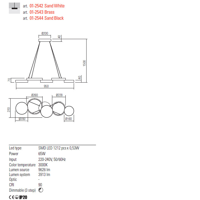 01-2542 Suspensie REDO CRONOS LED 65W 3913lm 3000K IP20 Aluminiu Sand White CRI 90 Dimable 3 step [2]