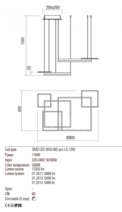 01-2613  Suspensie  REDO SIGUA, SAND COFFEE, LED, 110W, 12550 lm,3000K, 3 STEP DIMMING, IP20 [3]