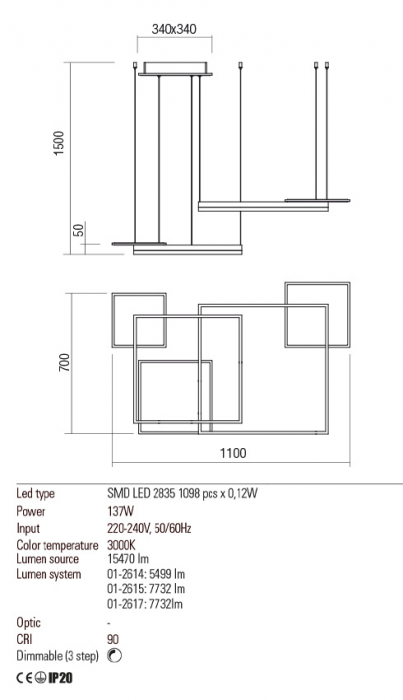 01-2616  Suspensie  REDO SIGUA, SAND COFFEE, LED, 137W, 15470 lm,3000K, 3 STEP DIMMING, IP20 [3]