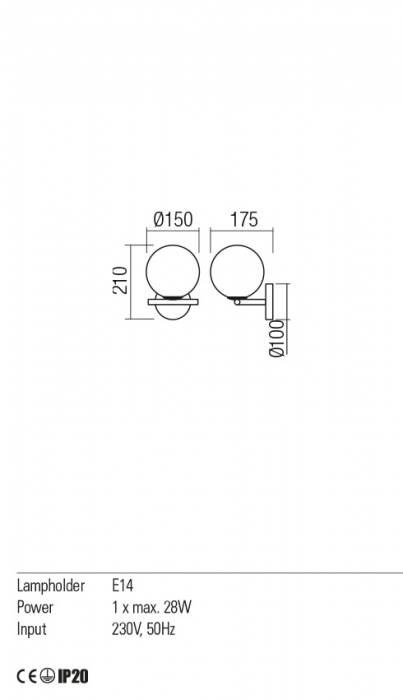 01-2641 Aplica REDO TALIS E14 1x28W  IP20 Metal/Sticla Black [2]