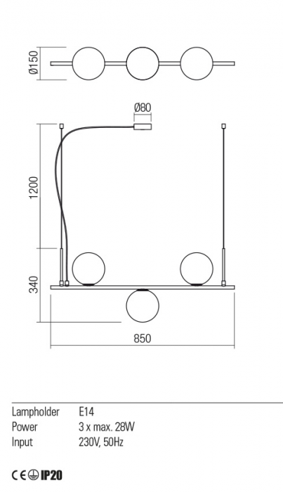 01-2647 Suspensie REDO TALIS E14 3x28W  IP20 Metal/Sticla Black [2]