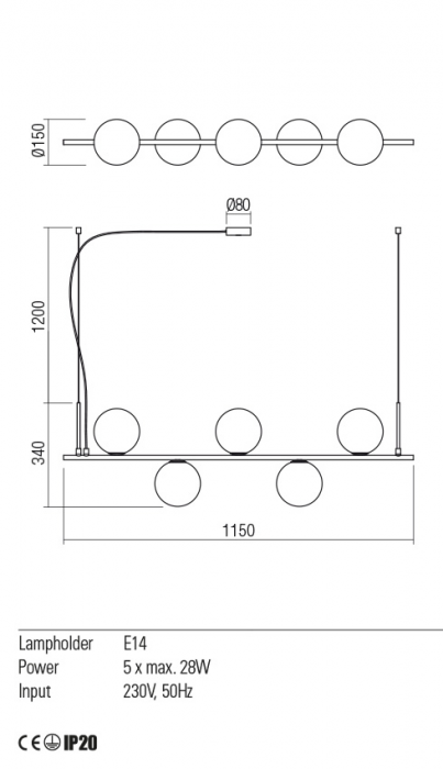 01-2648 Suspensie REDO TALIS E14 5x28W  IP20 Metal/Sticla Black [2]