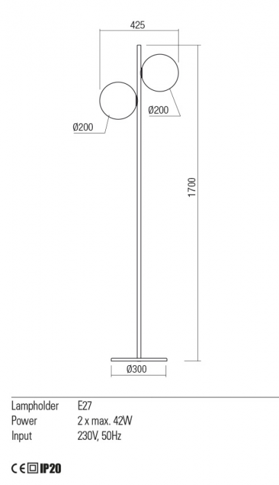 01-2652 Lampadar REDO TALIS E27 2x42W  IP20 Metal/Sticla Black [2]