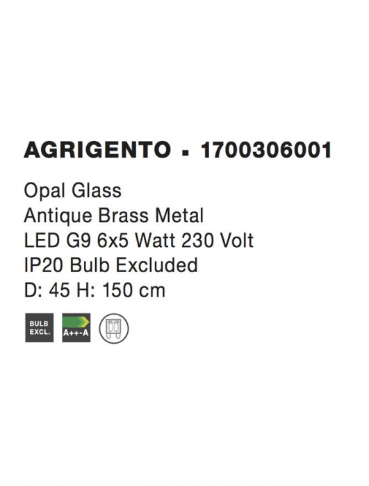 1700306001 Suspensie Nova Luce AGRIGENTO G9 6x5W IP20 Metal & Sticla Opal Antique Brush NOVALUCE [4]