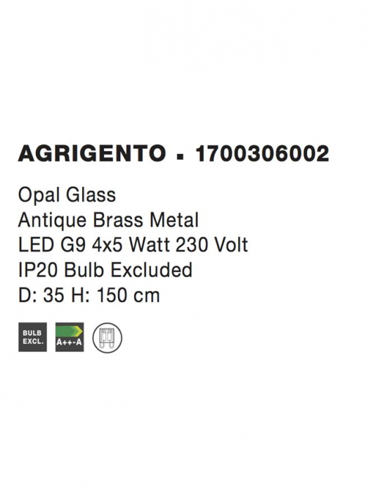 1700306002 Suspensie Nova Luce AGRIGENTO G9 4,5W IP20 Glass/Metal Opal Antique Brush [3]