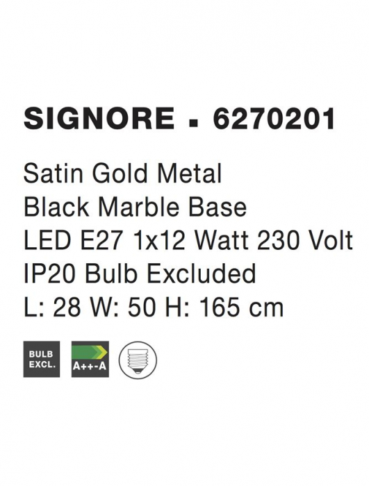 6270201 Lampadar Nova Luce SIGNORE E27 1x60W IP20 Metal Satin Gold Marble [3]