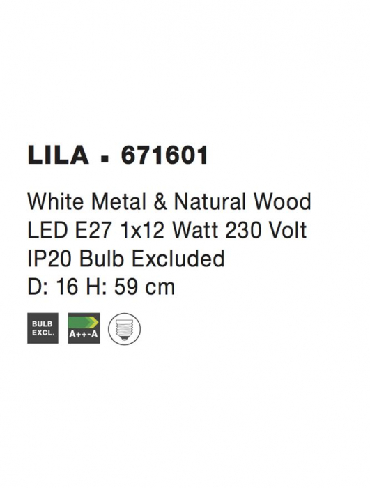 671601 Veioza Nova Luce LILA E27 1x12W   Metal & Natural Wood White  IP20 [4]