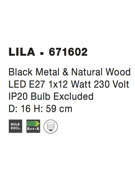 671602 Veioza Nova Luce LILA E27 1x12W   Metal & Natural Wood Black  IP20 [4]