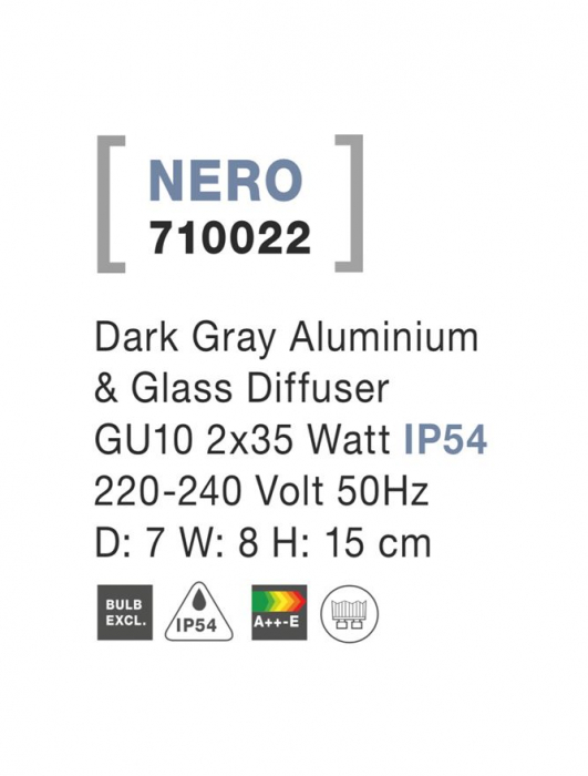 710022 Aplica Nova Luce NERO GU10 2X35W lm  IP54 Aluminium Glass Diffuser Dark Gray Light Up&Down [3]