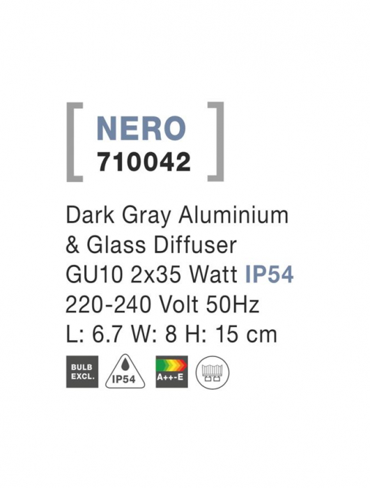 710042 Aplica Nova Luce NERO GU10 2X35W lm  IP54 Aluminium Glass Diffuser Dark Gray Light Up&Down [3]