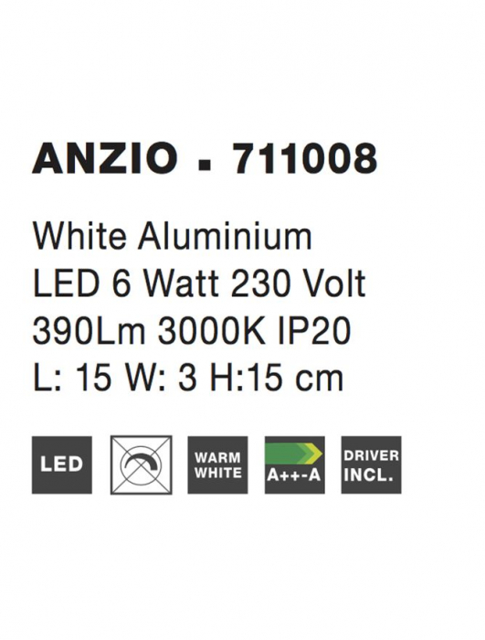 711008 Aplica Nova Luce ANZIO LED 6W 390lm 3000K Aluminium White Nedimabil IP20 [4]