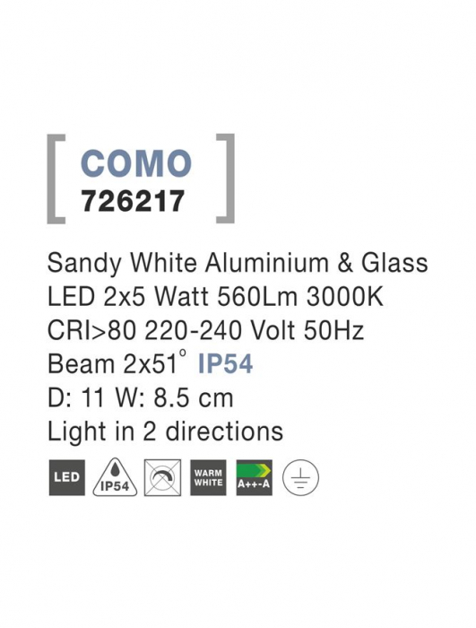 726217 Aplica Nova Luce COMO LED 2X5W 560lm 3000K IP54 Aluminium Glass Diffuser Sandy White Beam 2x51 degrees Light in 2 directions [5]