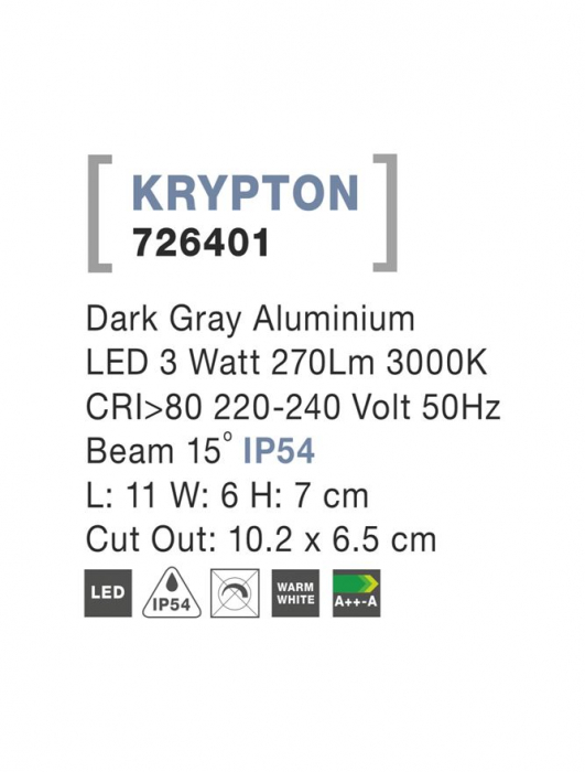 726401  Nova Luce KRYPTON LED 3W 270lm 3000K IP54 Aluminium Dark Gray Beam 15 degrees [3]