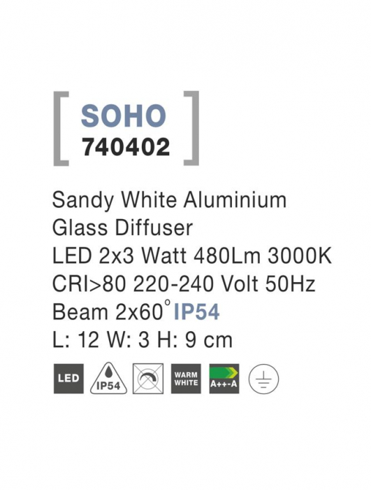 740402 Aplica Nova Luce SOHO LED 2x3W 480lm 3000K IP54 Aluminium Glass Diffuser Sandy White Beam 2x60 degrees [3]