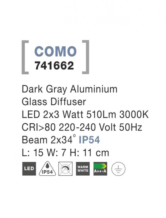 741662 Aplica Nova Luce COMO LED 2X3W 510lm 3000K IP54 Aluminium Glass Diffuser Dark Gray Beam 2x34 degrees [3]