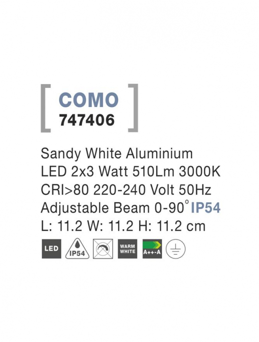 747406 Aplica Nova Luce COMO LED 2x3W 510lm 3000K IP54 Aluminium  Sandy White  Adjustable Beam [5]
