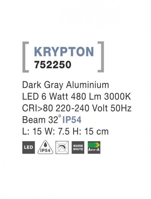 752250  Nova Luce KRYPTON LED 6W 480lm 3000K IP54 Aluminium Dark Gray Beam 32 degrees [3]