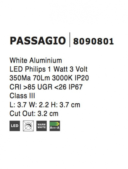 8090801  Nova Luce PASSAGGIO LED 1W 60lm 3000K IP54 Aluminium White Cable Lenght 1.80m Connect it with driver 9020170 [6]