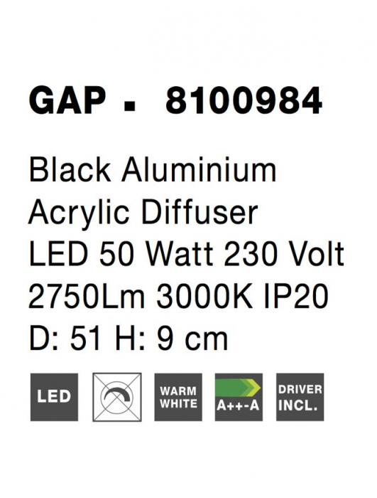 8100984 Plafoniera Nova Luce GAP LED 50W 2750lm 3000K IP20 Aluminiu/Acril Black NOVALUCE [5]
